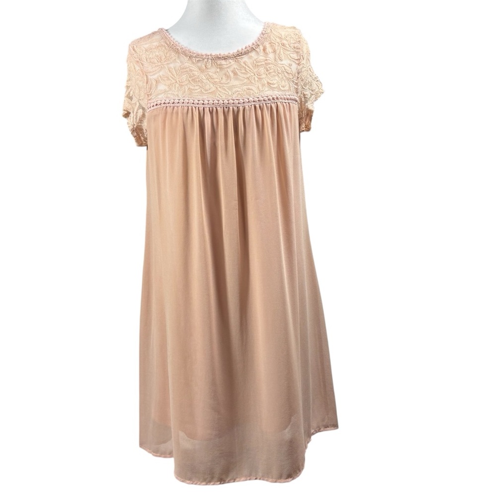 As U Wish Dress Women's Peach Medium Shift Floral Lace Neck Lined Cottagecore